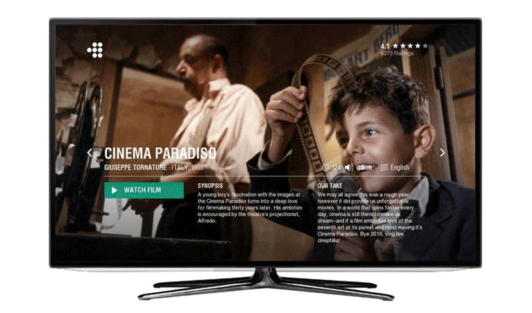 Cinema Paradiso showing on a TV running MUBI